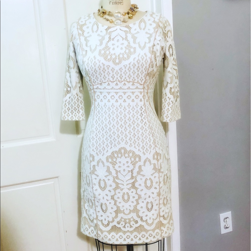 ANTONIO MELANI CROTCHET SHEATH DRESS